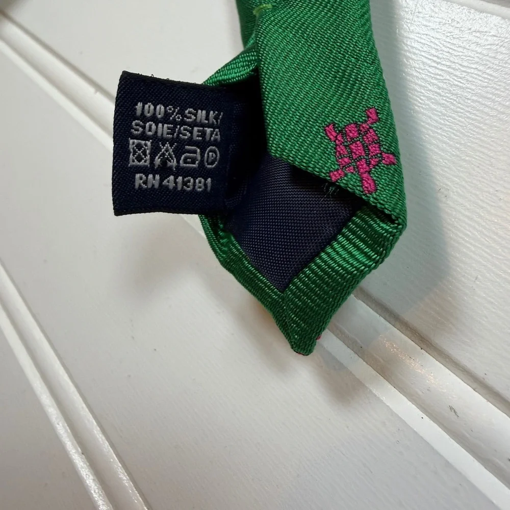 Polo Ralph Lauren Kids Silk Tie Green‎ Pink Turtle Vintage Hand Finished Italy